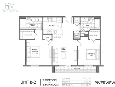 Floor plan for 2 beds, 2 baths, 958 sqft